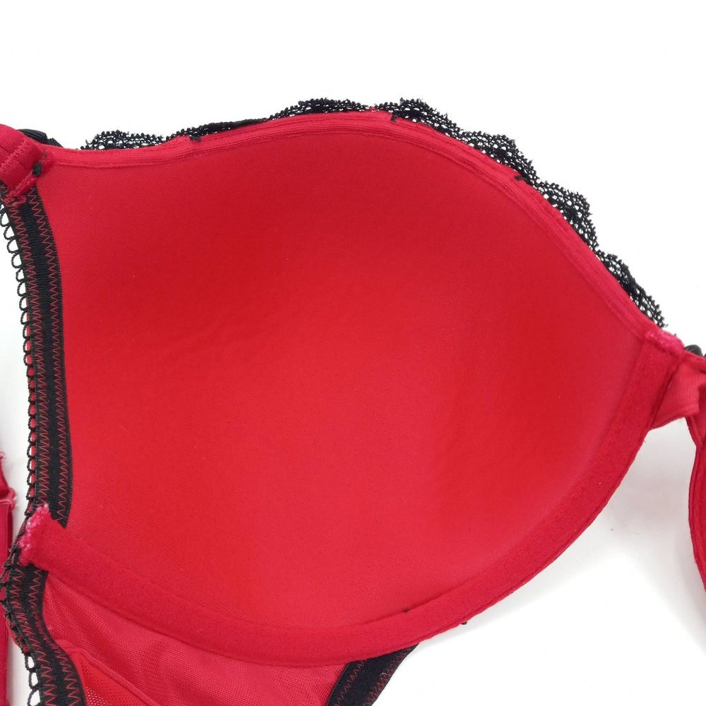 Cacique Red & Black Floral Embossed Lace Trim Bra Padded Underwire Sexy 40DD - Picture 10 of 12